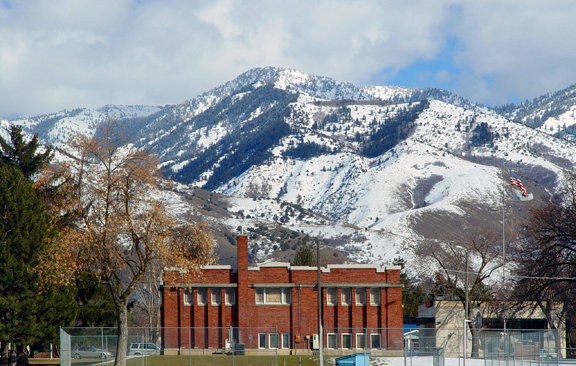 Smithfield, UT: Smithfield, UT : Carnegie Library (back side with moutains in background. This was one of the first Carnegie Libraries