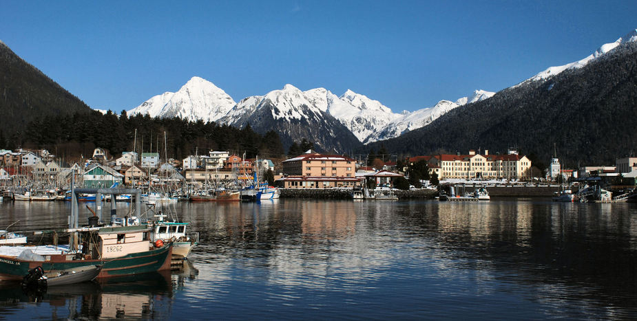 Sitka, AK : A picture of the Sitka, Alaska waterfront with the Three Sisters Mountain group in the background.