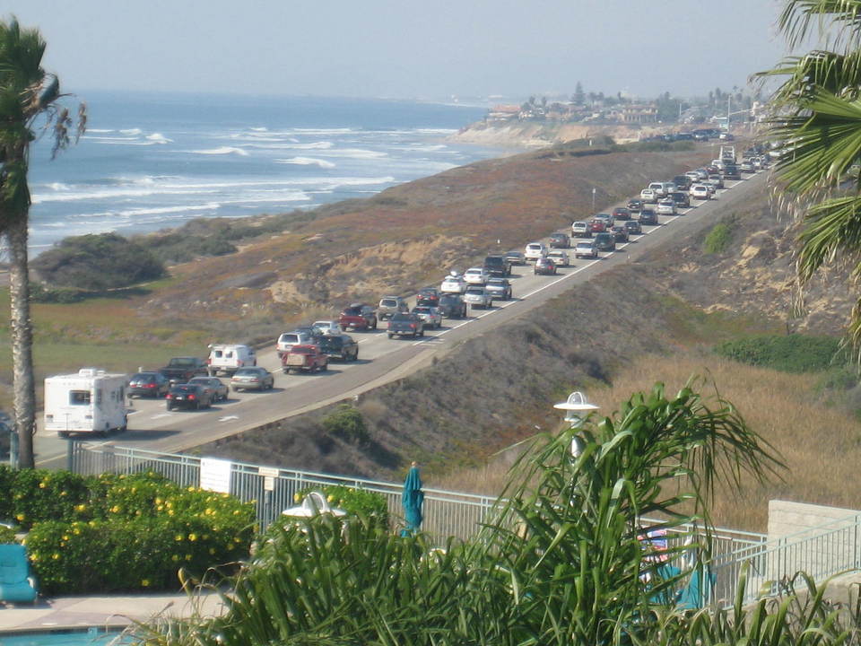 Carlsbad, CA: evacuation from the San Diego fires up Pacific Coast Highway