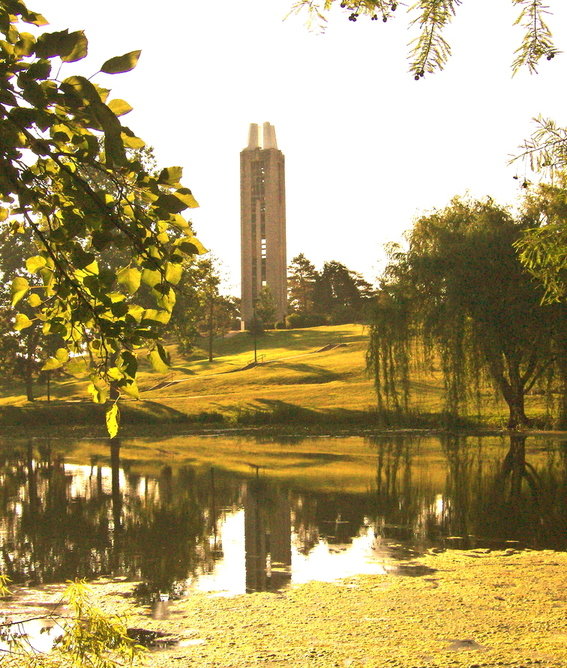 Lawrence, KS: potters pond with reflection of campanile