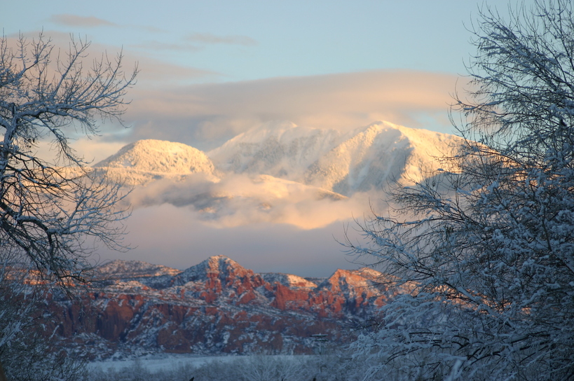 Moab, UT: winter scene of La Sals and Spanish Valley from our backyard