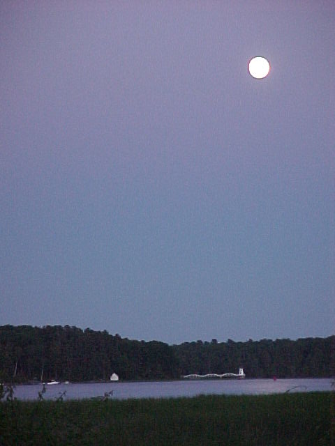 Bath, ME : Moon over the Kennebec River & Lighthouse At Doubling's Point, Bath, Maine