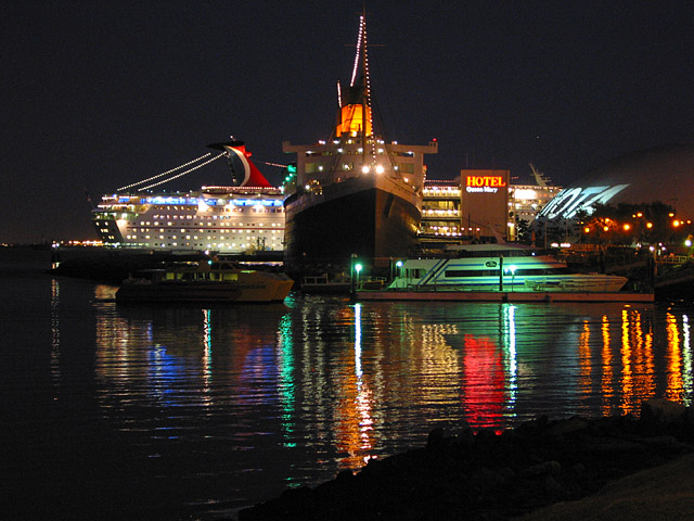 Long Beach, CA: Queen Mary with an active Cruise Ship right behind