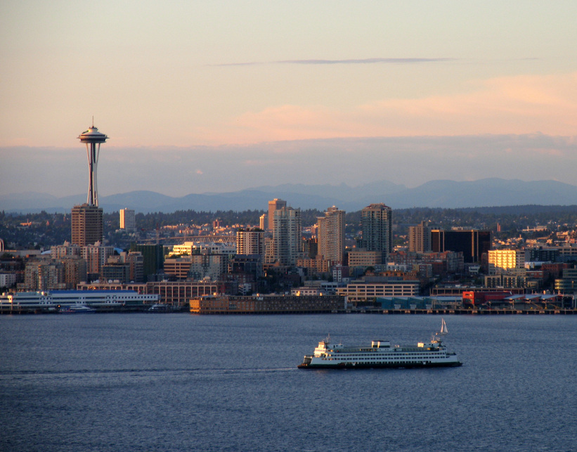 Seattle, WA: Space Needle and Ferry (View from Belvedere Park in West Seattle)