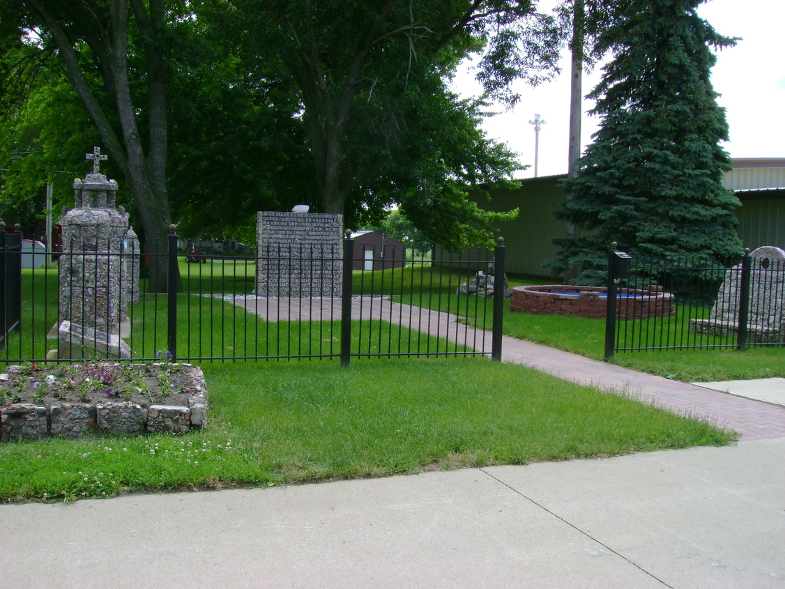 Harris, IA: New City Park with Stone Grotto of church, temple and podium built by a resident over 50 yrs ago. The city purshased the grotto for $1,500 and hired a professional to move it to this park and added a fountain.