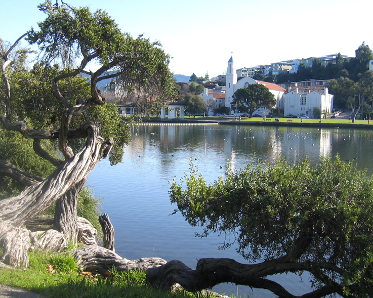 Oakland, CA: trees foreground, church across lake