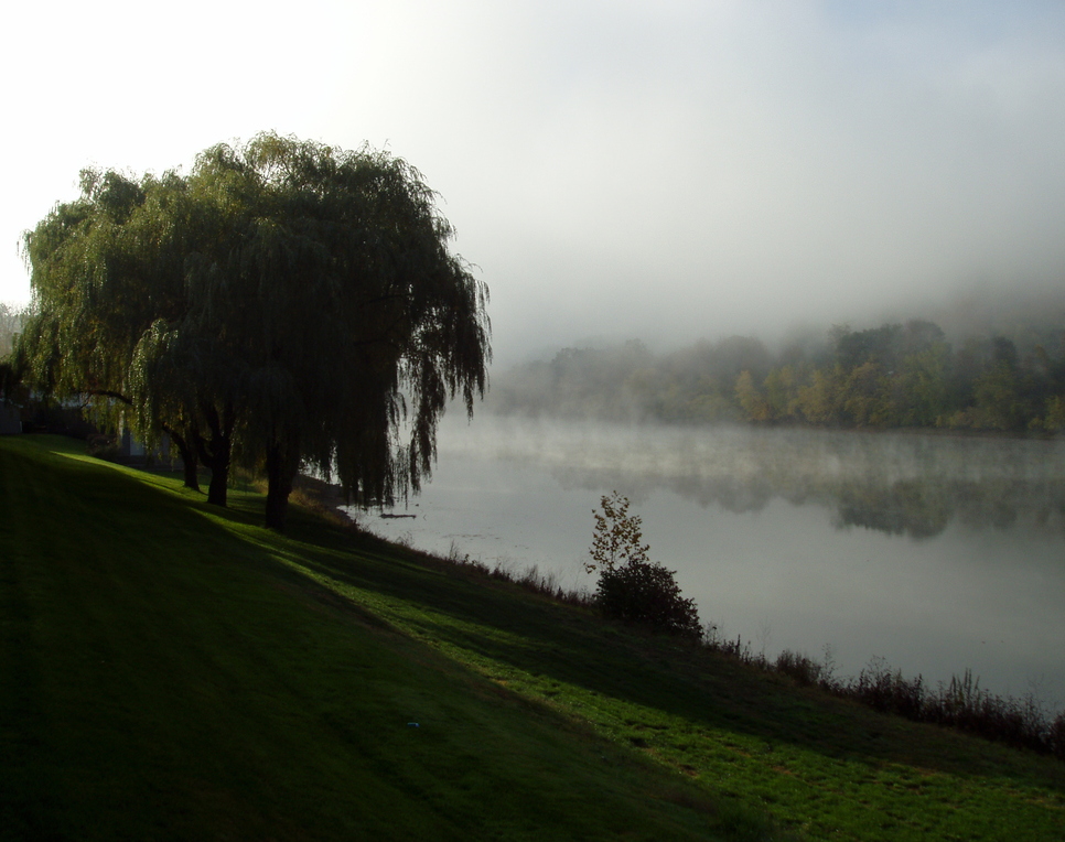 Owego, NY: Foggy morning on the river looking from the Hampton Hotel