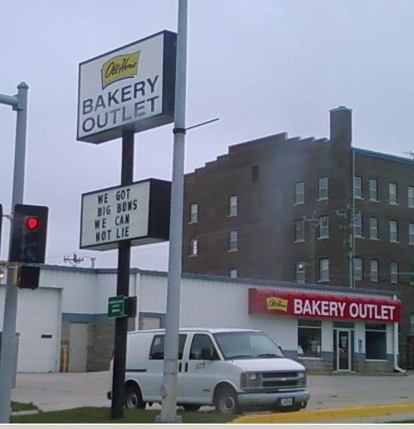 Carroll, IA: Old Home Bakery Outlet and an old downtown building in Carroll, Iowa. Gotta love their creativeness!
