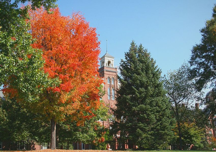 Lynchburg, VA: Autumn at Randolph College showing Main Hall Tower