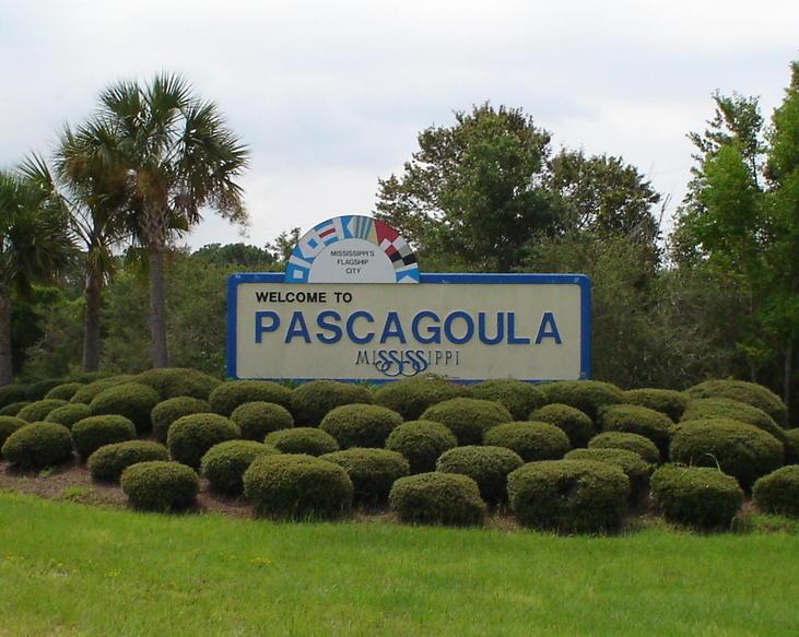 Pascagoula, MS: Welcome sign between Gautier and Pascagoula on Dr Martin Luther King Causeway