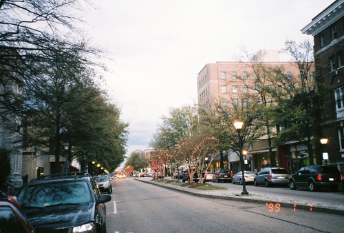 Portsmouth, VA: High Street at dusk with Christmas decorations.