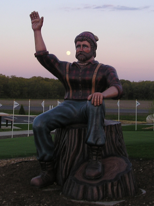 Brainerd, MN: Moon over Paul Bunyan's shoulder, at the visitor center Hwy 371