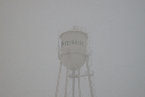 Verndale, MN : The Verndale water tower, taken during the first blizzard of the winter of 08-09. This picture was taken from my back door.