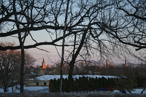 Fort Atkinson, WI : on a winter day, with the sun going down, fort atkinson is blessed with a pink and gold light.