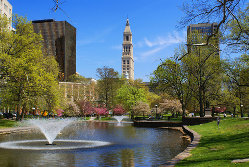 Hartford, CT : Travelers Tower from Bushnell Park in the spring photo