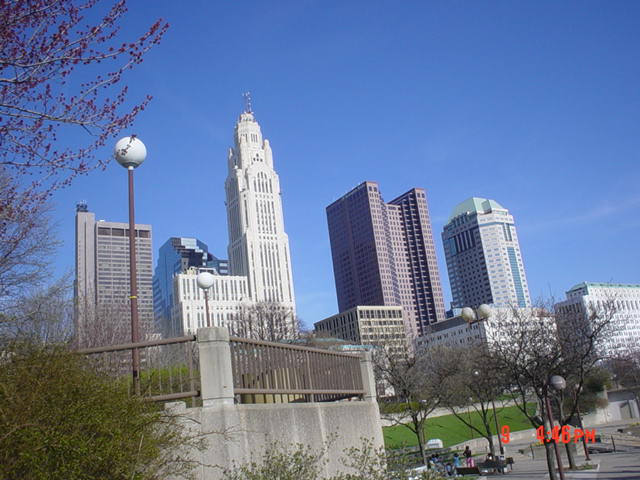 Columbus, OH: Columbus Ohio skyline as seen from the river walk.