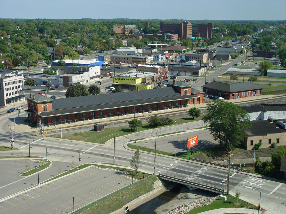 Jackson, MI: Looking East - Jackson Train Station and Foote Hospital