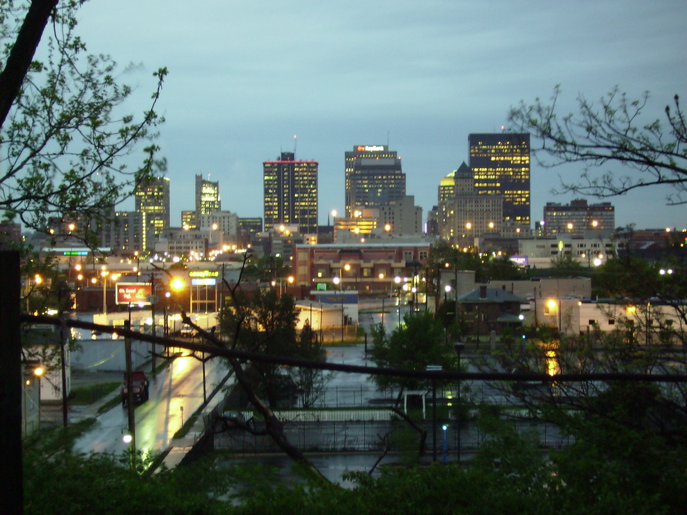 Dayton, OH: the Dayton skyline from the fairgrounds, behind the colliseum