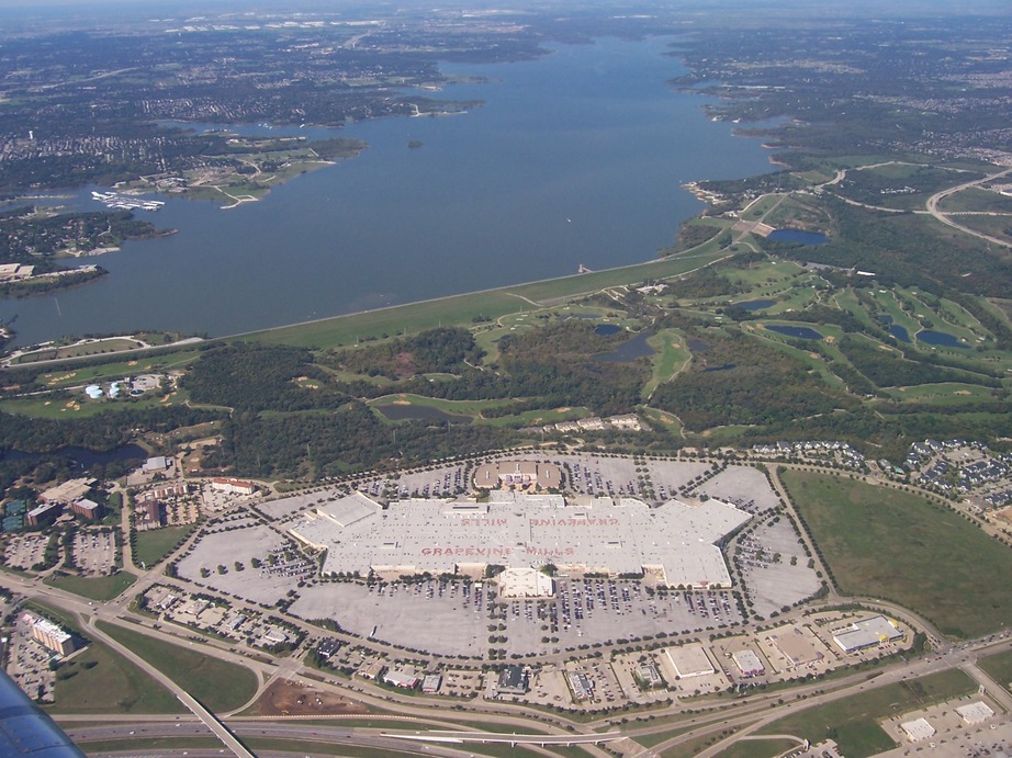 Grapevine, TX: An aerial shot of he southern end of Lake Grapevine and the Grapevine Mills Mall, which are both within the city limits of Grapevine, Texas.