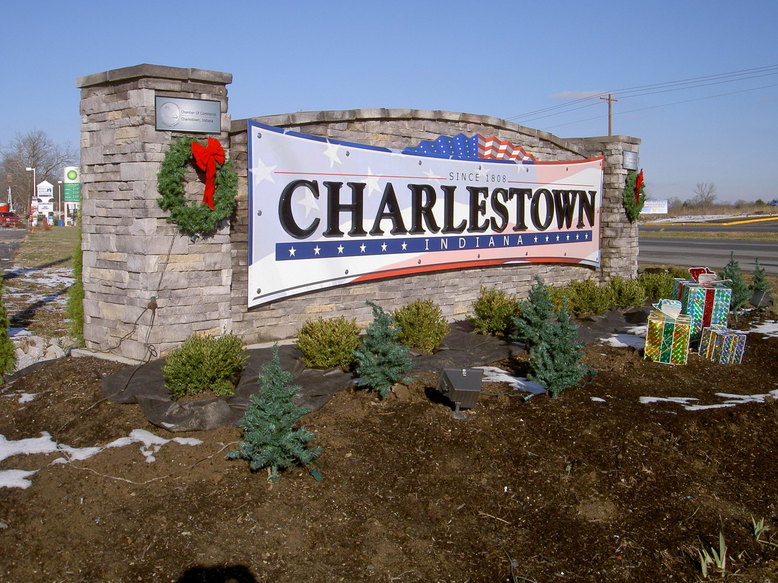Charlestown, IN: Charlestown Welcome Sign with Christmas Decorations
