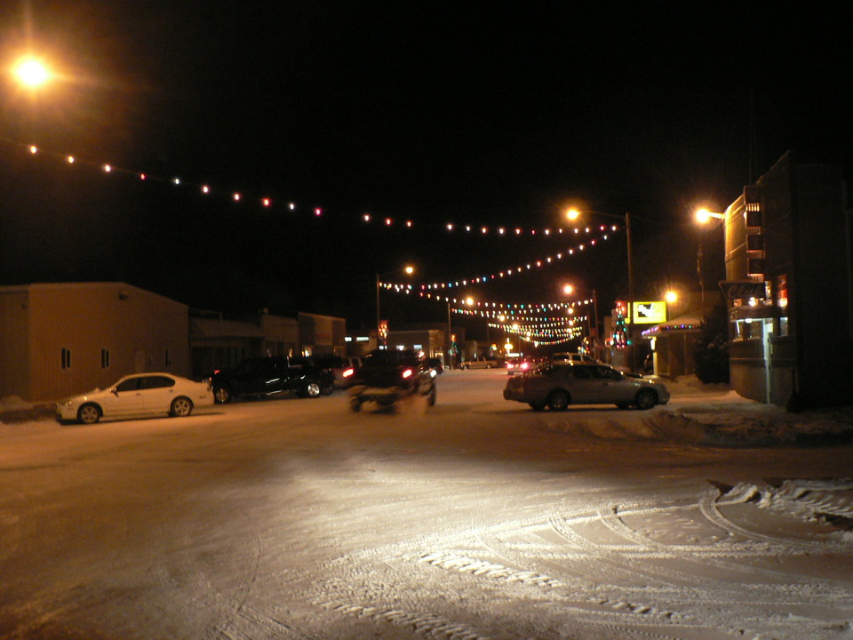 Circle, MT: Christmas lights on Main Street