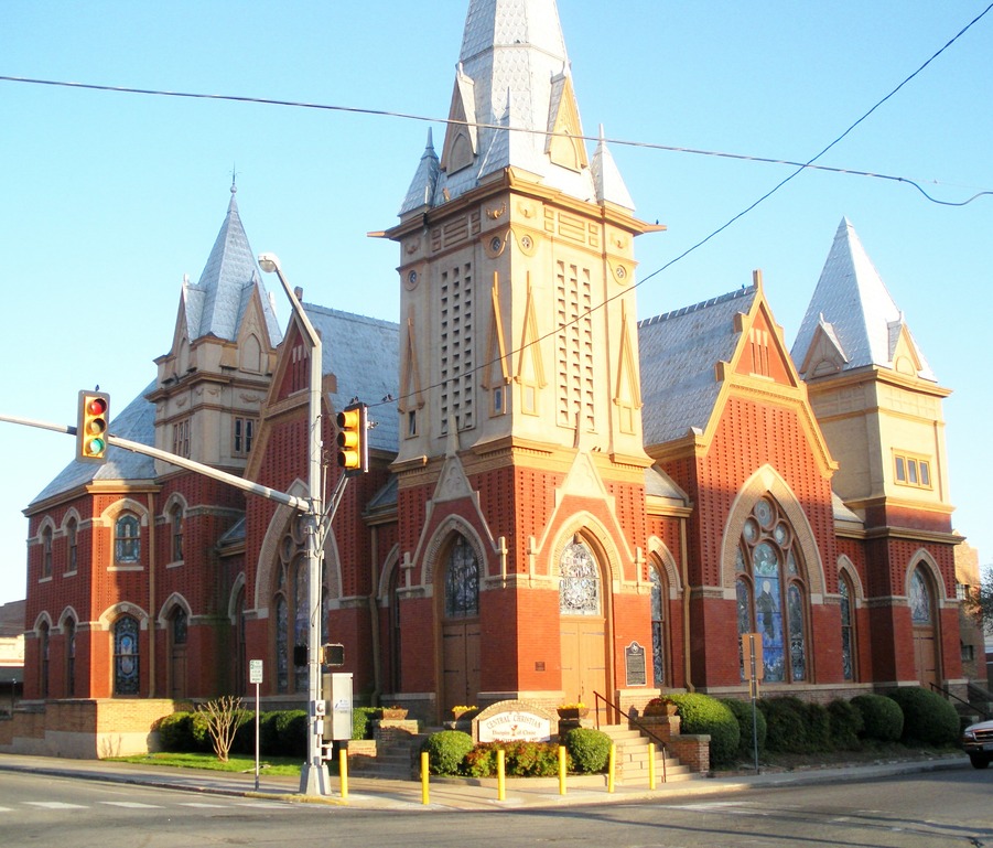 Greenville, TX: Central Christian Church- The towers and art glass in this 1899 Gothic Revival church building are a downtown treasure. -Greenville main street