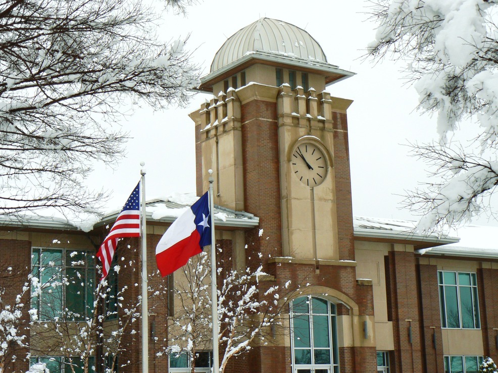 Keller, TX: Keller City Hall with American & Texas flags during 02/2010 record snow