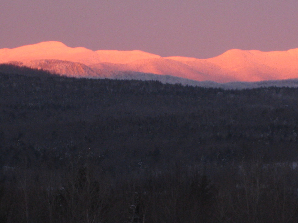 Woodbury, VT: Sunset over Mt. Mansfield from West Woodbury in Winter