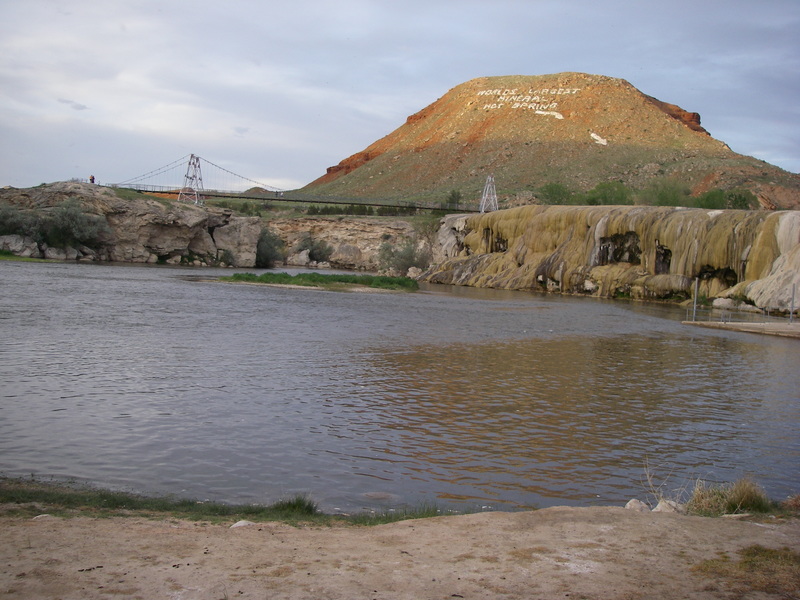 Thermopolis, WY: Hot Springs State Park, taken 05/12/07, inside the park looking at the Terraces and the World's Largest Hot Springs sign.