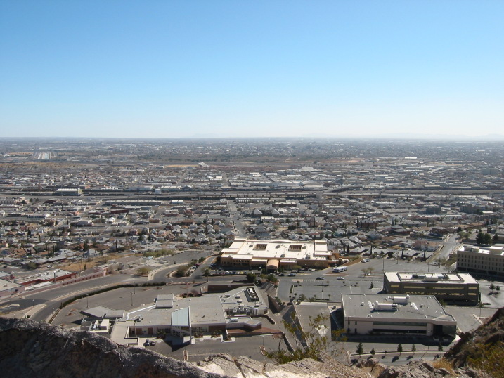 El Paso, TX : A bird's-eye view of U.S. border at El Paso, Interstate-10, and border river