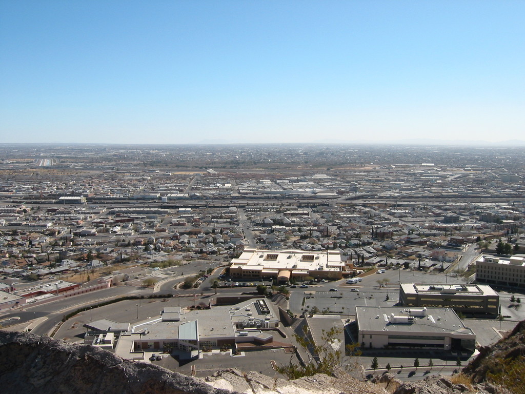 El Paso, TX: A bird's-eye view of U.S. border at El Paso, Interstate-10, and border river