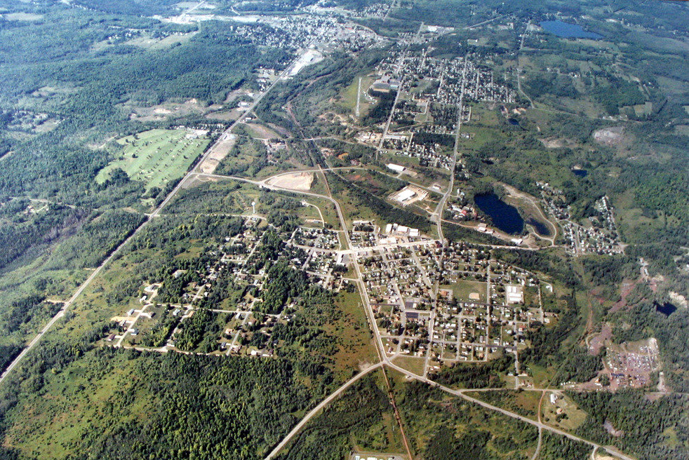 Iron River, MI: An overhead view of Iron River from the south looking north