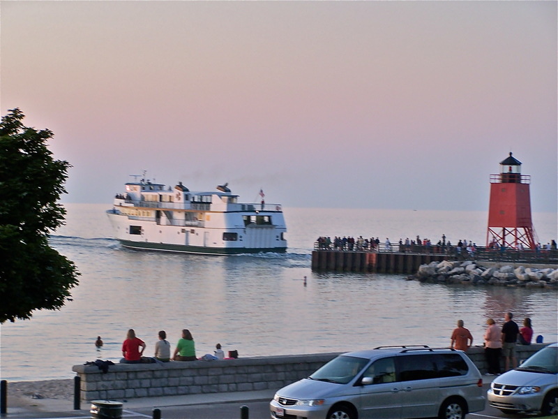 Charlevoix, MI: Beaver Island Ferry in the channel at sunset