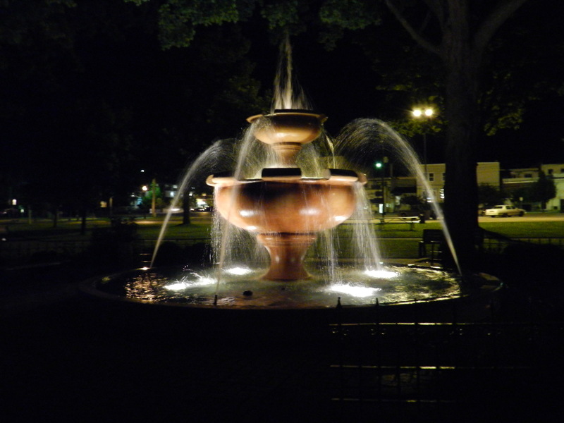 Cadillac, MI: Memorial Fountain in the Cadillac City Park after dark