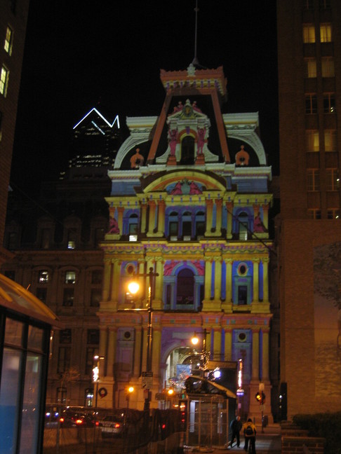 Philadelphia, PA : City Hall illuminated for the holidays in 2005 with Liberty One in the background