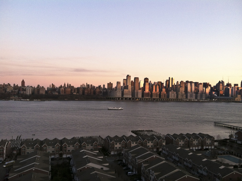 Guttenberg, NJ: View from street level at Galaxy Towers in late afternoon