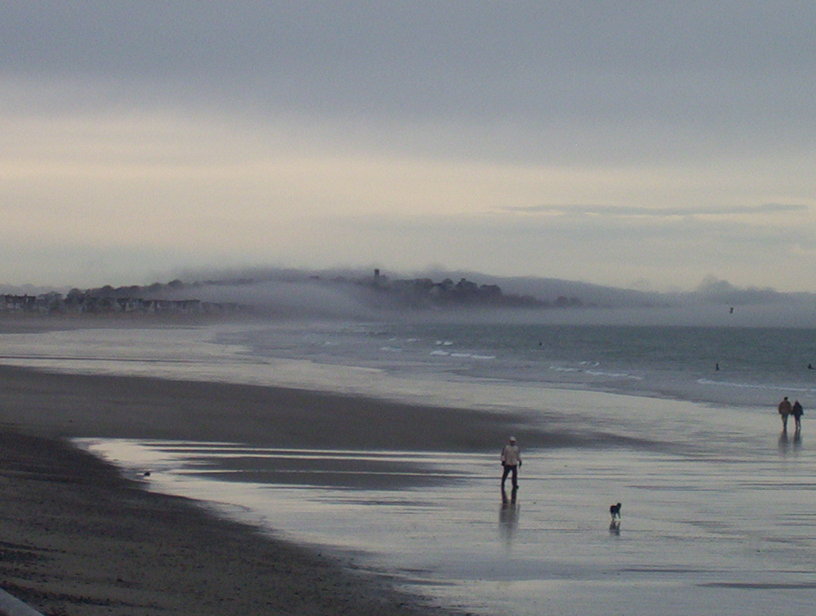 Hull, MA: View of Nantasket Beach on a foggy December day.