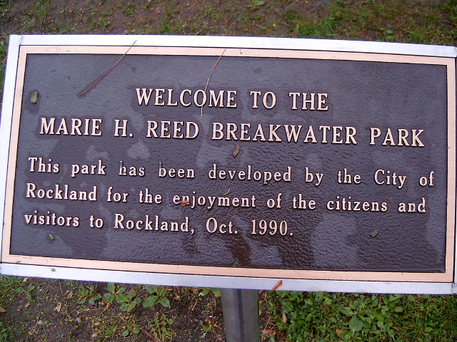 Rockland, ME: A sign with inforation about Breakwater park.