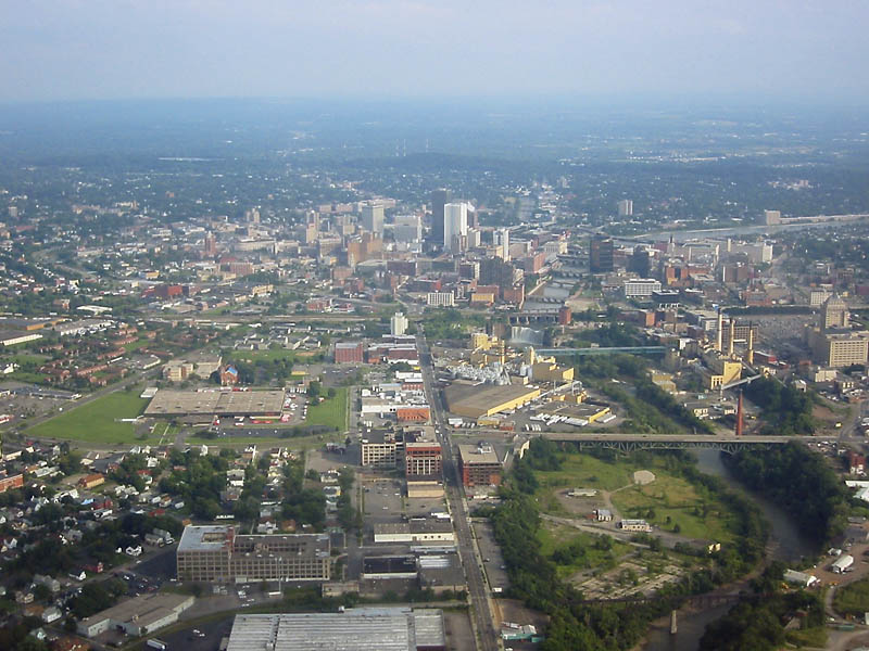 Rochester, NY: Looking south toward Downtown Rochester from the air