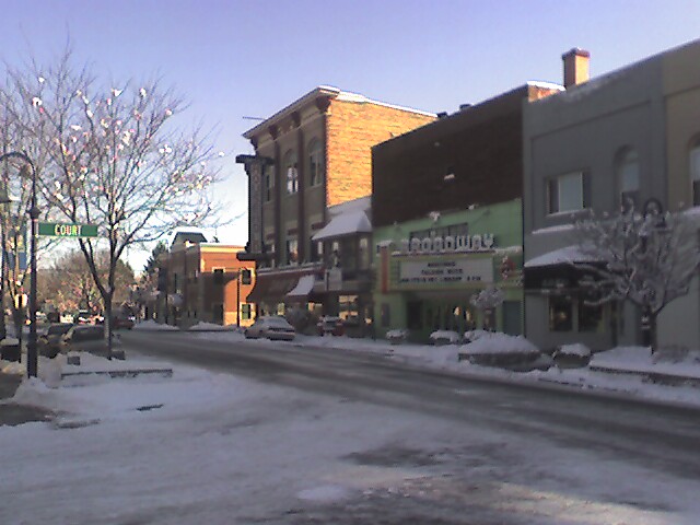 Mount Pleasant, MI: The Broadway theater and Grey's Furnisher. Downtown. (January 2006)