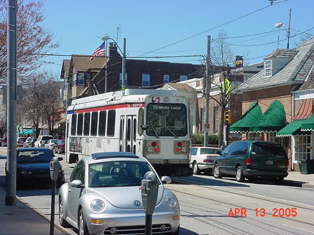 Media, PA: Downtown Media, Pennsylvania with Septa Trolley passing through.