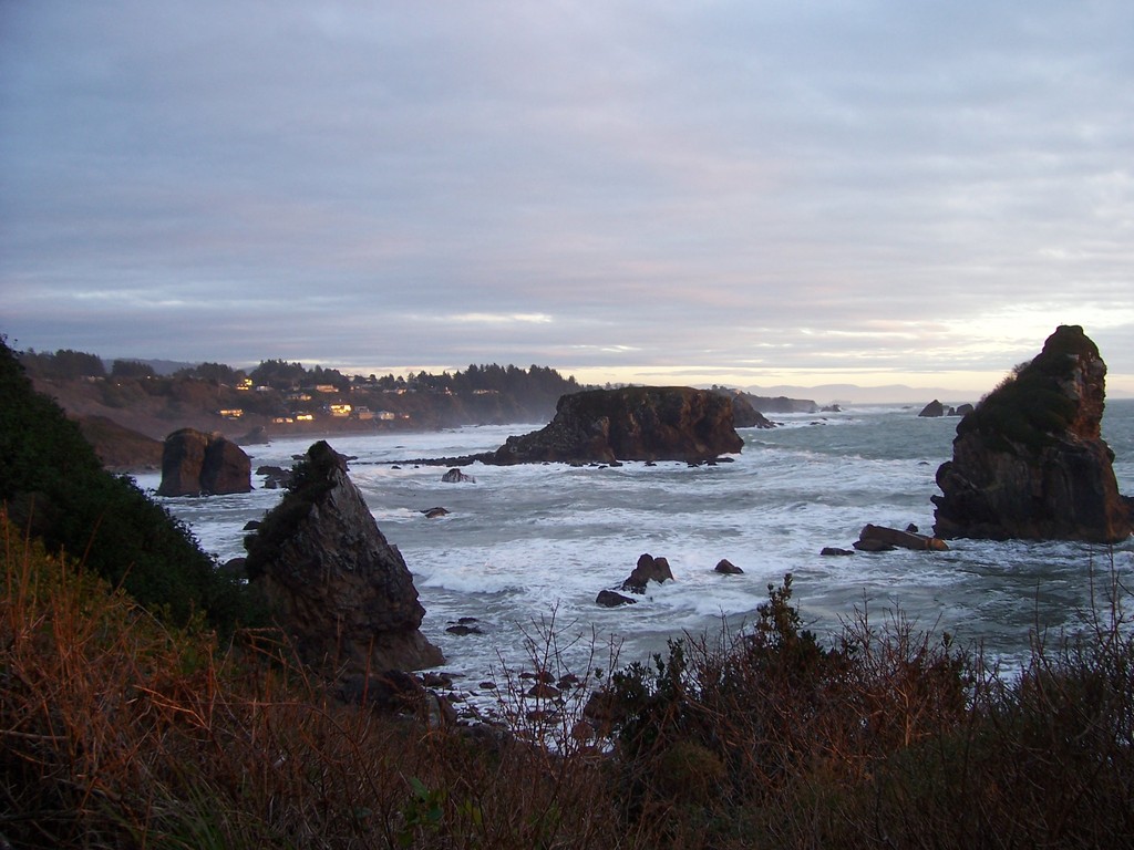 Brookings, OR: Harris Beach and view of houses in Brookings, Oregon