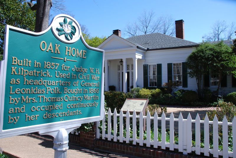 Corinth, MS: Oak Home - Built in 1857 for Judge W.H. Kilpatrick. Used in Civil War as headquarters of Gen. Leonidas Polk. Bought in 1866 by Mrs. Thomas Quincy Martin and occupied continuously by her descendants.