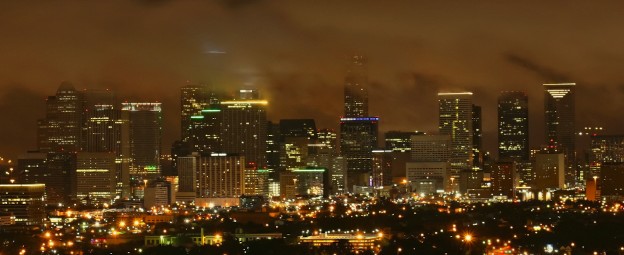 Houston, TX: Houston skyline on a rainy cloudy night