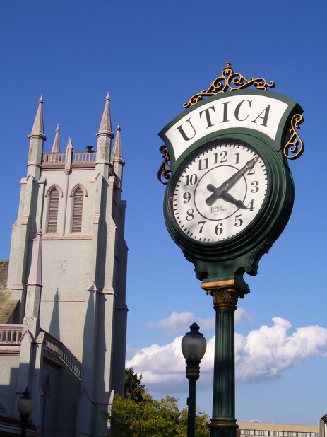 Utica, NY: church and clock downtown