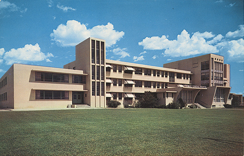 Pampa, TX: HIGHLAND GENERAL HOSPITAL was the new hospital in 1952, with architectural in the bold "moderne" style. It has since been replaced by a newer hospital and demolished. Historical photo used with the permission of the McGovern Historical Collections, Texas Medical Center Library, Houston, Texas.