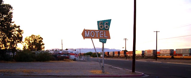 Needles, CA: Needles route 66 motel sign and BNSF tracks in the back ground.