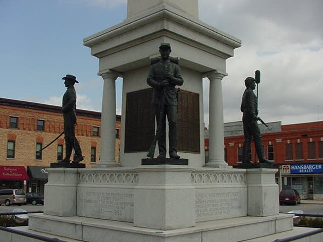 Angola, IN: Steuben County Civil War Monument showing Artillery, Cavalry and Infantry