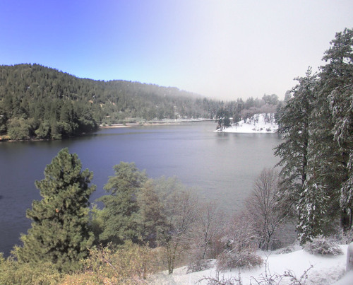 Crestline, CA: Two pictures of Lake Gregory taken from the same spot, one in July and one in January and merged together.