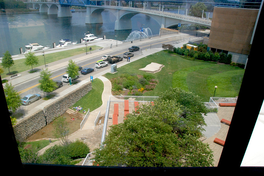 Chattanooga, TN: View from inside the Tennessee Aquarium, looking down to the bridge over the Tennessee River..